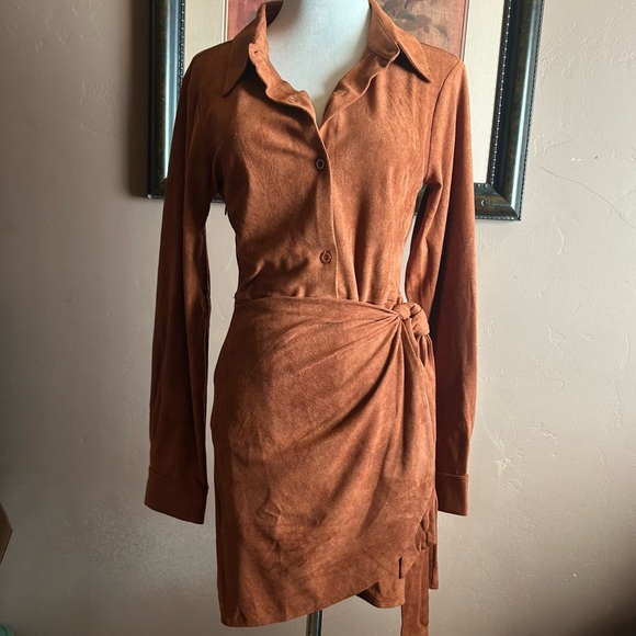 Vegan Rust Suede Wrap Tie Front Mini Dress - Picture 10 of 12